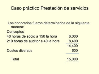 Los honorarios fueron determinados de la siguiente
manera:
Conceptos
40 horas de socio a 150 la hora 6,000
210 horas de auditor a 40 la hora 8,400
14,400
Costos diversos 600
Total 15,000
Caso práctico Prestación de servicios
 