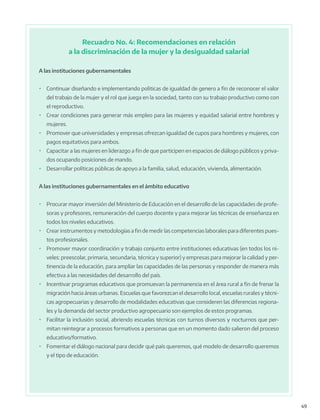 49
Recuadro No. 4: Recomendaciones en relación
a la discriminación de la mujer y la desigualdad salarial
A las instituciones gubernamentales
•	 Continuar diseñando e implementando politicas de igualdad de genero a fin de reconocer el valor
del trabajo de la mujer y el rol que juega en la sociedad, tanto con su trabajo productivo como con
el reproductivo.
•	 Crear condiciones para generar más empleo para las mujeres y equidad salarial entre hombres y
mujeres.
•	 Promover que universidades y empresas ofrezcan igualdad de cupos para hombres y mujeres, con
pagos equitativos para ambos.
•	 Capacitar a las mujeres en liderazgo a fin de que participen en espacios de diálogo públicos y priva-
dos ocupando posiciones de mando.
•	 Desarrollar políticas públicas de apoyo a la familia, salud, educación, vivienda, alimentación.
A las instituciones gubernamentales en el ámbito educativo
•	 Procurar mayor inversión del Ministerio de Educación en el desarrollo de las capacidades de profe-
soras y profesores, remuneración del cuerpo docente y para mejorar las técnicas de enseñanza en
todos los niveles educativos.
•	 Crear instrumentos y metodologías a fin de medir las competencias laborales para diferentes pues-
tos profesionales.
•	 Promover mayor coordinación y trabajo conjunto entre instituciones educativas (en todos los ni-
veles: preescolar, primaria, secundaria, técnica y superior) y empresas para mejorar la calidad y per-
tinencia de la educación, para ampliar las capacidades de las personas y responder de manera más
efectiva a las necesidades del desarrollo del país.
•	 Incentivar programas educativos que promuevan la permanencia en el área rural a fin de frenar la
migración hacia áreas urbanas. Escuelas que favorezcan el desarrollo local, escuelas rurales y técni-
cas agropecuarias y desarrollo de modalidades educativas que consideren las diferencias regiona-
les y la demanda del sector productivo agropecuario son ejemplos de estos programas.
•	 Facilitar la inclusión social, abriendo escuelas técnicas con turnos diversos y nocturnos que per-
mitan reintegrar a procesos formativos a personas que en un momento dado salieron del proceso
educativo/formativo.
•	 Fomentar el diálogo nacional para decidir qué país queremos, qué modelo de desarrollo queremos
y el tipo de educación.
 