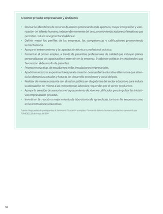 50
Al sector privado: empresariado y sindicatos
•	 Revisar las directrices de recursos humanos potenciando más apertura, mayor integración y valo-
rización del talento humano, independientemente del sexo, promoviendo acciones afirmativas que
permitan reducir la segmentación laboral.
•	 Definir mejor los perfiles de las empresas, las competencias y calificaciones promoviendo
la meritocracia.
•	 Apoyar el entrenamiento y la capacitación técnica y profesional práctica.
•	 Fomentar el primer empleo, a través de pasantías profesionales de calidad que incluyan planes
personalizados de capacitación e inserción en la empresa. Establecer políticas institucionales que
favorezcan el desarrollo de pasantes.
•	 Promover prácticas de estudiantes en las instalaciones empresariales.
•	 Apadrinar a centros experimentales para la creación de una oferta educativa alternativa que atien-
da las demandas actuales y futuras del desarrollo económico y social del país.
•	 Realizar de manera conjunta con el sector público un diagnóstico del sector educativo para inducir
la adecuación del mismo a las competencias laborales requeridas por el sector productivo.
•	 Apoyar la creación de asesorías y el agrupamiento de jóvenes calificados para impulsar las iniciati-
vas empresariales privadas.
•	 Invertir en la creación y mejoramiento de laboratorios de aprendizaje, tanto en las empresas como
en las instituciones educativas
Fuente: Respuestas de participantes al Seminario Educación y empleo: Formando talento humano productivo convocado por
FUNIDES, 29 de mayo de 2014.
 