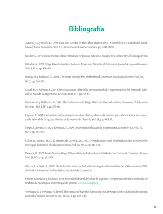 51
Altonji, J. G. y Blank, R., 1999. Race and Gender in the Labor Market, en O. Ashenfelter y D. Card (eds), Hand-
book of Labor Economics, Vol. 3 C, Amsterdam: Elsevier Science, pp. 3143-3259.
Becker, G., 1971.TheEconomicsofDiscrimination, Segunda Edición, Chicago: The University of Chicago Press.
Blinder, A., 1973. Wage Discrimination: Reduced Form and Structural Estimates, Journal of Human Resources,
Vol. 8, N° 4, pp. 436-455.
Budig, M. y England, P., 2001. The Wage Penalty for Motherhood, American Sociological Review, Vol. 66,
N° 2, pp. 204-225.
Casal, M. y Barham, B., 2013. Penalizaciones salariales por maternidad y segmentación del mercado labo-
ral: el caso de la Argentina, Revista CEPAL 111, pp. 59-81.
Duncan, G. y Hoffman, S., 1981. The Incidence and Wage Effects of Overeducation, Economics of Education
Review, Vol. 1, N° 1, pp. 75-86.
Espino, A., 2011. Evaluación de los desajustes entre oferta y demanda laboral por calificaciones en el mer-
cado laboral de Uruguay. Revista de Economía del Rosario, Vol. 14, pp. 99-133.
Firpo, S., Fortin, N. M., y Lemieux, T., 2009. Unconditional Quantile Regressions, Econométrica, Vol. 77,
N° 3, pp. 953-973.
Kiker, B., Santos, M. C., y Mendes de Oiveira, M., 1997. Overeducation and Undereducation: Evidence for
Portugal, Economics of Education Review, Vol. 16, N°. 2, pp. 111-125.
Oaxaca, R., 1973. Male-Female Wage Differentials in Urban Labor Markets, International Economic Review,
Vol. 14, N°. 3, pp. 693-709.
Olarte, L. y Peña, X., 2010. El efecto de la maternidad sobre los ingresos femeninos, Serie Documentos CEDE,
2010-18, Universidad de los Andes, Facultad de Econom´ıa.
PNUD. Baltodano y Pacheco, 2014. Inserción laboral, brechas de ingresos y segmentación en el mercado de
trabajo de Nicaragua: Un enfoque de género. www.ni.undp.org
Verdugo, R., y Verdugo, N. (1989). The Impact of Surplus Schooling on Earnings. Some Additional Findings,
Journal of Human Resources, vol. 24, no. 4, pp. 629-643.
Bibliografía
 