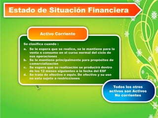 Estado de Situación Financiera 
Activo Corriente 
Se clasifica cuando : 
a. Se le espera que se realice, se le mantiene para la 
venta o consumo en el curso normal del ciclo de 
sus operaciones 
b. Se le mantiene principalmente para propósitos de 
comercialización 
c. Se espera que su realización se producirá dentro 
de los 12 meses siguientes a la fecha del ESF 
d. Se trata de efectivo o equiv. De efectivo y su uso 
no esta sujeto a restricciones 
Todos los otros 
activos son Activos 
No corrientes 
 