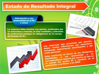 Estado de Resultado Integral 
Información a ser 
presentada en el RI 
o notas 
La empresa debe mostrar sus gastos, analizados por 
su naturaleza o función, la mas confiable y relevante 
de preferencia (aunque no obligatorio) en el cuerpo 
del Estado de R.I. 
 