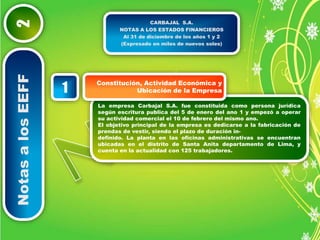Notas a los EEFF 2 
CARBAJAL S.A. 
NOTAS A LOS ESTADOS FINANCIEROS 
Al 31 de diciembre de los años 1 y 2 
(Expresado en miles de nuevos soles) 
Constitución, Actividad Económica y 
Ubicación de la Empresa 1 
La empresa Carbajal S.A. fue constituida como persona jurídica 
según escritura publica del 5 de enero del ano 1 y empezó a operar 
su actividad comercial el 10 de febrero del mismo ano. 
El objetivo principal de la empresa es dedicarse a la fabricación de 
prendas de vestir, siendo el plazo de duración in-definido. 
La planta en las oficinas administrativas se encuentran 
ubicadas en el distrito de Santa Anita departamento de Lima, y 
cuenta en la actualidad con 125 trabajadores. 
 