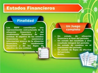 Estados Financieros 
 Un estado de situación 
financiera al final del periodo; 
 Un estado del resultado y otro 
resultado integral del periodo; 
 Un estado de cambios en el 
patrimonio del periodo; 
 Un estado de flujos de efectivo 
del periodo; 
 Notas, 
Finalidad 
Los EEFF constituyen una 
representación estructurada de la 
situación financiera y del 
rendimiento financiero de una 
entidad. El objetivo de los estados 
financieros es suministrar 
información acerca de la situación 
financiera, del rendimiento 
financiero y de los flujos de 
efectivo de una entidad, 
Un Juego 
completo 
 