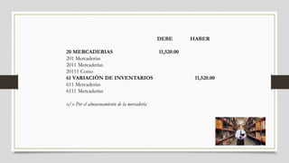 DEBE HABER
20 MERCADERIAS 11,520.00
201 Mercaderías
2011 Mercaderías
20111 Costo
61 VARIACIÓN DE INVENTARIOS 11,520.00
611...