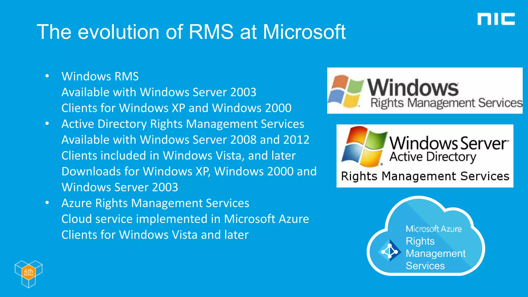 The evolution of RMS at Microsoft
• Windows RMS
Available with Windows Server 2003
Clients for Windows XP and Windows 2000
• Active Directory Rights Management Services
Available with Windows Server 2008 and 2012
Clients included in Windows Vista, and later
Downloads for Windows XP, Windows 2000 and
Windows Server 2003
• Azure Rights Management Services
Cloud service implemented in Microsoft Azure
Clients for Windows Vista and later
 