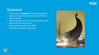 Scenario
• The company Langskip builds viking longships
• Hybrid network on-premises/Microsoft Azure
• IAM using FIM
• Hybrid Identity with Active Directory/Azure AD
• MDM with Windows Intune
• Data Protection with Azure RMS
• Azure RemoteApp for app access
 