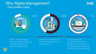 Why Rights Management?
- The problem today
87% of senior managers
admit to regularly uploading
work files to a personal
email or cloud account.*
87%
58% have accidentally sent
sensitive information to the
wrong person.*
58%
Focus on data leak
prevention for personal
devices, but ignore the issue
on corporate owned devices
where the risks are the same
? %
 