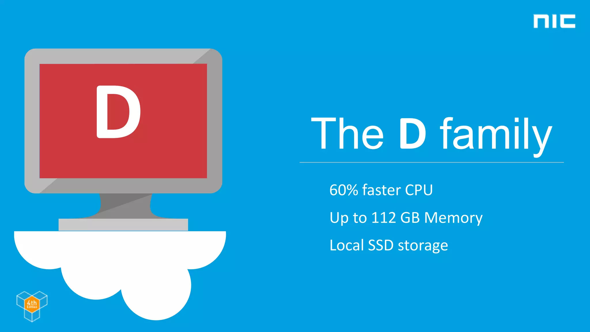 The D family
60% faster CPU
Up to 112 GB Memory
Local SSD storage
D
 