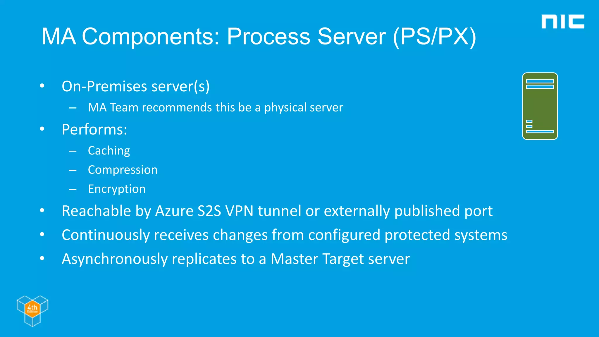 MA Components: Process Server (PS/PX)
• On-Premises server(s)
– MA Team recommends this be a physical server
• Performs:
– Caching
– Compression
– Encryption
• Reachable by Azure S2S VPN tunnel or externally published port
• Continuously receives changes from configured protected systems
• Asynchronously replicates to a Master Target server
 