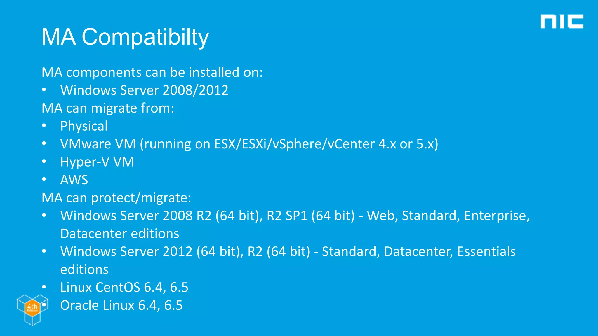 MA Compatibilty
MA components can be installed on:
• Windows Server 2008/2012
MA can migrate from:
• Physical
• VMware VM (running on ESX/ESXi/vSphere/vCenter 4.x or 5.x)
• Hyper-V VM
• AWS
MA can protect/migrate:
• Windows Server 2008 R2 (64 bit), R2 SP1 (64 bit) - Web, Standard, Enterprise,
Datacenter editions
• Windows Server 2012 (64 bit), R2 (64 bit) - Standard, Datacenter, Essentials
editions
• Linux CentOS 6.4, 6.5
• Oracle Linux 6.4, 6.5
 
