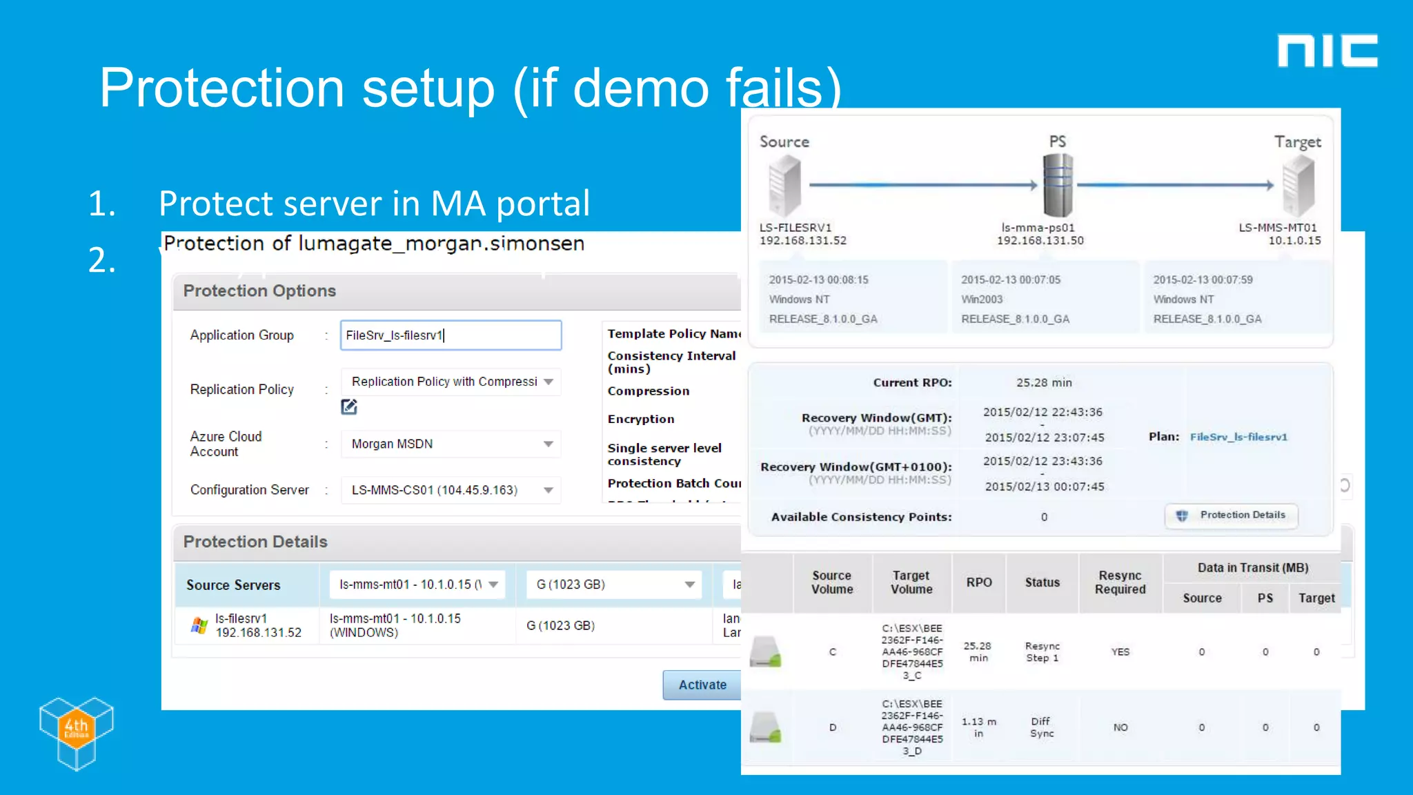Protection setup (if demo fails)
1. Protect server in MA portal
2. Verify protection in MA portal or CS portal
 