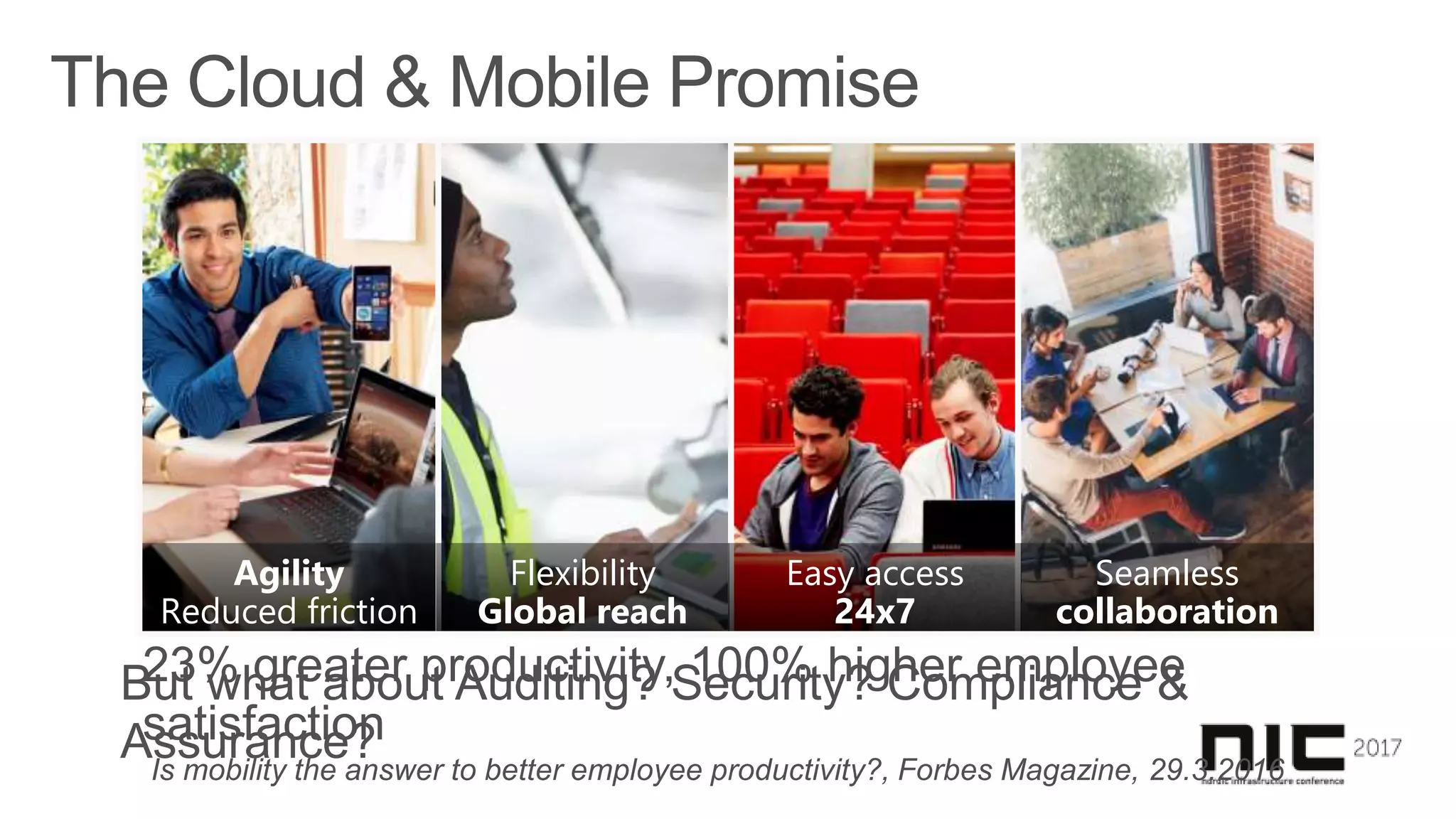Easy access
24x7
connectivity
Flexibility
Global reach
Seamless
collaboration
Agility
Reduced friction
23% greater productivity, 100% higher employee
satisfaction
Is mobility the answer to better employee productivity?, Forbes Magazine, 29.3.2016
But what about Auditing? Security? Compliance &
Assurance?
 