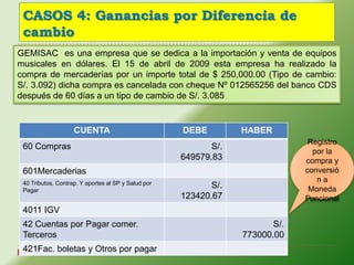 CASOS 4: Ganancias por Diferencia de
 cambio
GEMISAC es una empresa que se dedica a la importación y venta de equipos
musicales en dólares. El 15 de abril de 2009 esta empresa ha realizado la
compra de mercaderías por un importe total de $ 250,000.00 (Tipo de cambio:
S/. 3.092) dicha compra es cancelada con cheque Nº 012565256 del banco CDS
después de 60 días a un tipo de cambio de S/. 3.085


                    CUENTA                           DEBE         HABER
                                                                                Registro
 60 Compras                                                 S/.
                                                                                 por la
                                                     649579.83                 compra y
 601Mercaderias                                                                conversió
 40 Tributos, Contrap. Y aportes al SP y Salud por
                                                                                  na
 Pagar
                                                            S/.                 Moneda
                                                     123420.67                 Funcional
 4011 IGV
 42 Cuentas por Pagar comer.                                             S/.
 Terceros                                                         773000.00
 421Fac. boletas y Otros por pagar
  12
 