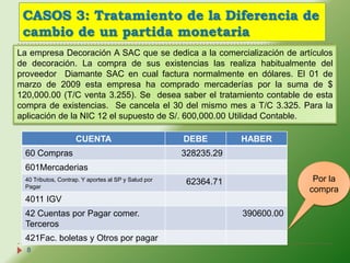 CASOS 3: Tratamiento de la Diferencia de
 cambio de un partida monetaria
La empresa Decoración A SAC que se dedica a la comercialización de artículos
de decoración. La compra de sus existencias las realiza habitualmente del
proveedor Diamante SAC en cual factura normalmente en dólares. El 01 de
marzo de 2009 esta empresa ha comprado mercaderías por la suma de $
120,000.00 (T/C venta 3.255). Se desea saber el tratamiento contable de esta
compra de existencias. Se cancela el 30 del mismo mes a T/C 3.325. Para la
aplicación de la NIC 12 el supuesto de S/. 600,000.00 Utilidad Contable.

                    CUENTA                           DEBE        HABER
 60 Compras                                          328235.29
 601Mercaderias
 40 Tributos, Contrap. Y aportes al SP y Salud por    62364.71                Por la
 Pagar
                                                                             compra
 4011 IGV
 42 Cuentas por Pagar comer.                                     390600.00
 Terceros
 421Fac. boletas y Otros por pagar
  8
 