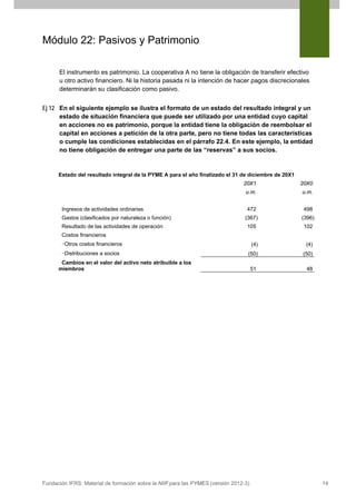 Módulo 22: Pasivos y Patrimonio
El instrumento es patrimonio. La cooperativa A no tiene la obligación de transferir efectivo
u otro activo financiero. Ni la historia pasada ni la intención de hacer pagos discrecionales
determinarán su clasificación como pasivo.
Ej 12 En el siguiente ejemplo se ilustra el formato de un estado del resultado integral y un
estado de situación financiera que puede ser utilizado por una entidad cuyo capital
en acciones no es patrimonio, porque la entidad tiene la obligación de reembolsar el
capital en acciones a petición de la otra parte, pero no tiene todas las características
o cumple las condiciones establecidas en el párrafo 22.4. En este ejemplo, la entidad
no tiene obligación de entregar una parte de las “reservas” a sus socios.

Estado del resultado integral de la PYME A para el año finalizado el 31 de diciembre de 20X1
20X1
u.m.
Ingresos de actividades ordinarias
Gastos (clasificados por naturaleza o función)
Resultado de las actividades de operación

20X0
u.m.

472

498

(367)

(396)

105

102

Costos financieros
-Otros costos financieros

(4)

(4)

-Distribuciones a socios

(50)

(50)

Cambios en el valor del activo neto atribuible a los
miembros

Fundación IFRS: Material de formación sobre la NIIF para las PYMES (versión 2012-3)

51

48

14

 