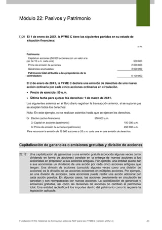 Módulo 22: Pasivos y Patrimonio

Ej 20 El 1 de enero de 20X1, la PYME C tiene las siguientes partidas en su estado de
situación financiera:
u.m.
…
Patrimonio
Capital en acciones (50 000 acciones con un valor a la
par de 10 u.m. cada una)

500 000

Prima de emisión de acciones

2 000 000

Ganancias acumuladas

3 600 000

Patrimonio total atribuible a los propietarios de la
controladora

6 100 000

El 2 de enero de 20X1, la PYME C declara una emisión de derechos de una nueva
acción ordinaria por cada cinco acciones ordinarias en circulación.
• Precio de ejercicio: 55 u.m.
• Última fecha para ejercer los derechos: 1 de marzo de 20X1.
Los siguientes asientos en el libro diario registran la transacción anterior, si se supone que
se aceptan todos los derechos:
Nota: En este ejemplo, no se realizan asientos hasta que se ejercen los derechos.
Dr Efectivo (activo financiero)

550 000 u.m.

Cr Capital en acciones (patrimonio)

100 000 u.m.

Cr Prima de emisión de acciones (patrimonio)

450 000 u.m.

Para reconocer la emisión de 10 000 acciones a 55 u.m. cada una en una emisión de derechos.

Capitalización de ganancias o emisiones gratuitas y división de acciones
22.12

Una capitalización de ganancias o una emisión gratuita (conocida algunas veces como
dividendo en forma de acciones) consiste en la entrega de nuevas acciones a los
accionistas en proporción a sus acciones antiguas. Por ejemplo, una entidad puede dar
a sus accionistas un dividendo de una acción por cada cinco acciones antiguas que
tengan. Una división de acciones (conocido algunas veces como una división de
acciones) es la división de las acciones existentes en múltiples acciones. Por ejemplo,
en una división de acciones, cada accionista puede recibir una acción adicional por
cada acción poseída. En algunos casos, las acciones previamente en circulación se
cancelan y son reemplazadas por nuevas acciones. La capitalización de ganancias y
emisiones gratuitas, así como las divisiones de acciones no cambian el patrimonio
total. Una entidad reclasificará los importes dentro del patrimonio como lo requiera la
legislación aplicable.

Fundación IFRS: Material de formación sobre la NIIF para las PYMES (versión 2012-3)

23

 