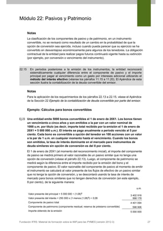 Módulo 22: Pasivos y Patrimonio
Notas
La clasificación de los componentes de pasivo y de patrimonio, en un instrumento
convertible, no se revisará como resultado de un cambio en la probabilidad de que la
opción de conversión sea ejercida, incluso cuando pueda parecer que su ejercicio se ha
convertido en desventajoso económicamente para algunos de los tenedores. La obligación
contractual de la entidad para realizar pagos futuros continuará vigente hasta su extinción
(por ejemplo, por conversión o vencimiento del instrumento).

22.15

En periodos posteriores a la emisión de los instrumentos, la entidad reconocerá
sistemáticamente cualquier diferencia entre el componente de pasivo y el importe
principal por pagar al vencimiento como un gasto por intereses adicional utilizando el
método del interés efectivo (véanse los párrafos 11.15 a 11.20). El Apéndice de esta
sección ilustra la contabilización de la deuda convertible del emisor.

Notas
Para la aplicación de los requerimientos de los párrafos 22.13 a 22.15, véase el Apéndice
de la Sección 22 Ejemplo de la contabilización de deuda convertible por parte del emisor.

Ejemplo: Cálculos para bonos convertibles
Ej 23 Una entidad emite 5000 bonos convertibles el 1 de enero de 20X1. Los bonos tienen
un vencimiento a cinco años y son emitidos a la par con un valor nominal de
1000 u.m. por título (es decir, importe total recibido por la emisión el 1 de enero de
20X1 = 5 000 000 u.m.). El interés se paga anualmente a periodo vencido al 5 por
ciento. Cada bono es convertible a opción del tenedor en 100 acciones con un valor
a la par de 1 u.m. en cualquier momento hasta el vencimiento. Cuando los bonos
son emitidos, la tasa de interés dominante en el mercado para instrumentos de
deuda similares sin opción de conversión es del 8 por ciento.
El 1 de enero de 20X1 (al momento del reconocimiento inicial), el importe del componente
de pasivo se medirá primero al valor razonable de un pasivo similar que no tenga una
opción de conversión (véase el párrafo 22.13). Luego, el componente de patrimonio se
medirá según la diferencia entre el importe recibido por la emisión del bono y el
componente de pasivo. El valor razonable del componente de pasivo al momento de emitir
el instrumento se calculará al valor presente de los flujos de efectivo de un pasivo similar
que no tenga la opción de conversión, y se descontará usando la tasa de interés de
mercado para bonos similares que no tengan derechos de conversión (en este ejemplo,
8 por ciento), de la siguiente manera:
u.m.
Valor presente del principal = 5 000 000 ÷ (1,08)5
Valor presente del interés = 250 000 x (1 menos (1,08)5) ÷ 0,08

3 402 916
998 178

Componente de pasivo total

4 401 094

Componente de patrimonio (componente residual, reserva de préstamo convertible)
Importe obtenido de la emisión

Fundación IFRS: Material de formación sobre la NIIF para las PYMES (versión 2012-3)

598 906
5 000 000

27

 