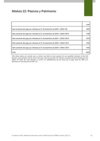 Módulo 22: Pasivos y Patrimonio

u.m.
Valor presente del pago por intereses al 31 de diciembre de 20X5 = 2000/1,06

1887

Valor presente del pago por intereses al 31 de diciembre de 20X6 = 2000/1,06^2

1780

Valor presente del pago por intereses al 31 de diciembre de 20X7 = 2000/1,06^3

1679

Valor presente del pago por intereses al 31 de diciembre de 20X8 = 2000/1,06^4

1584

Valor presente del pago por intereses al 31 de diciembre de 20X9 = 2000/1,06^5

1495

Total

8425

Otra forma todavía de calcular esto es utilizar una tabla de valor presente de una anualidad ordinaria al final del
periodo, cinco periodos, tasa de interés del 6 por ciento por periodo. (En Internet se pueden encontrar fácilmente estas
tablas). El factor del valor presente es 4,2124. La multiplicación de este factor por el pago anual de 2000 u.m.
determina el valor presente de 8425 u.m.

Fundación IFRS: Material de formación sobre la NIIF para las PYMES (versión 2012-3)

43

 
