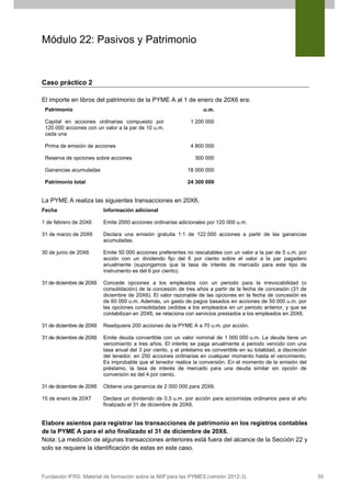 Módulo 22: Pasivos y Patrimonio

Caso práctico 2
El importe en libros del patrimonio de la PYME A al 1 de enero de 20X6 era:
Patrimonio

u.m.

Capital en acciones ordinarias compuesto por
120 000 acciones con un valor a la par de 10 u.m.
cada una

1 200 000

Prima de emisión de acciones

4 800 000

Reserva de opciones sobre acciones

300 000

Ganancias acumuladas

18 000 000

Patrimonio total

24 300 000

La PYME A realiza las siguientes transacciones en 20X6.
Fecha

Información adicional

1 de febrero de 20X6

Emite 2000 acciones ordinarias adicionales por 120 000 u.m.

31 de marzo de 20X6

Declara una emisión gratuita 1:1 de 122 000 acciones a partir de las ganancias
acumuladas.

30 de junio de 20X6

Emite 50 000 acciones preferentes no rescatables con un valor a la par de 5 u.m. por
acción con un dividendo fijo del 6 por ciento sobre el valor a la par pagadero
anualmente (supongamos que la tasa de interés de mercado para este tipo de
instrumento es del 6 por ciento).

31 de diciembre de 20X6

Concede opciones a los empleados con un periodo para la irrevocabilidad (o
consolidación) de la concesión de tres años a partir de la fecha de concesión (31 de
diciembre de 20X6). El valor razonable de las opciones en la fecha de concesión es
de 60 000 u.m. Además, un gasto de pagos basados en acciones de 50 000 u.m. por
las opciones consolidadas cedidas a los empleados en un periodo anterior, y que se
contabilizan en 20X6, se relaciona con servicios prestados a los empleados en 20X6.

31 de diciembre de 20X6

Readquiere 200 acciones de la PYME A a 70 u.m. por acción.

31 de diciembre de 20X6

Emite deuda convertible con un valor nominal de 1 000 000 u.m. La deuda tiene un
vencimiento a tres años. El interés se paga anualmente a periodo vencido con una
tasa anual del 3 por ciento, y el préstamo es convertible en su totalidad, a discreción
del tenedor, en 250 acciones ordinarias en cualquier momento hasta el vencimiento.
Es improbable que el tenedor realice la conversión. En el momento de la emisión del
préstamo, la tasa de interés de mercado para una deuda similar sin opción de
conversión es del 4 por ciento.

31 de diciembre de 20X6

Obtiene una ganancia de 2 000 000 para 20X6.

15 de enero de 20X7

Declara un dividendo de 0,5 u.m. por acción para accionistas ordinarios para el año
finalizado el 31 de diciembre de 20X6.

Elabore asientos para registrar las transacciones de patrimonio en los registros contables
de la PYME A para el año finalizado el 31 de diciembre de 20X6.
Nota: La medición de algunas transacciones anteriores está fuera del alcance de la Sección 22 y
solo se requiere la identificación de estas en este caso.

Fundación IFRS: Material de formación sobre la NIIF para las PYMES (versión 2012-3)

55

 