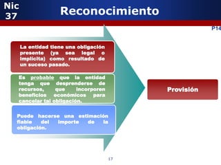 Nic
37
                    Reconocimiento
                                                         P14


      La entidad tiene una obligación
      presente (ya sea legal o
      implícita) como resultado de
      un suceso pasado.

  Es probable que la entidad
  tenga que desprenderse de
  recursos,     que     incorporen           Provisión
  beneficios económicos para
  cancelar tal obligación.


  Puede hacerse una estimación
  fiable   del importe  de  la
  obligación.




                                        17
 