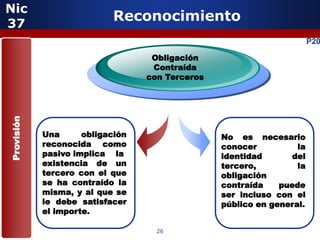 Nic
37
                           Reconocimiento
                                                                       P20

                                   Obligación
                                   Contraída
                                  con Terceros
Provisión




            Una      obligación                  No es necesario
            reconocida como                      conocer          la
            pasivo implica la                    identidad       del
            existencia de un                     tercero,         la
            tercero con el que                   obligación
            se ha contraído la                   contraída    puede
            misma, y al que se                   ser incluso con el
            le debe satisfacer                   público en general.
            el importe.

                                    26
 
