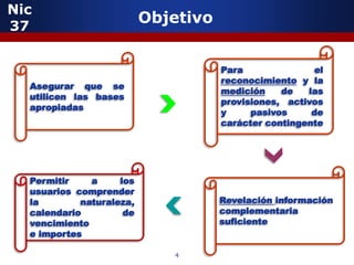 Nic
37
                          Objetivo


                                     Para               el
                                     reconocimiento y la
  Asegurar que se
                                     medición    de   las
  utilicen las bases
                                     provisiones, activos
  apropiadas
                                     y     pasivos     de
                                     carácter contingente




  Permitir    a     los
  usuarios comprender
  la        naturaleza,              Revelación información
  calendario         de              complementaria
  vencimiento                        suficiente
  e importes

                             4
 