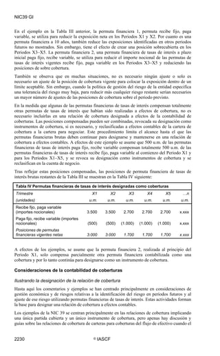 NIC39 GI


En el ejemplo en la Tabla III anterior, la permuta financiera 1, permuta recibe fijo, paga
variable, se utiliza para reducir la exposición neta en los Periodos X1 y X2. Por cuanto es una
permuta financiera a 10 años, también reduce las exposiciones identificadas en otros periodos
futuros no mostrados. Sin embargo, tiene el efecto de crear una posición sobrecubierta en los
Periodos X3–X5. La permuta financiera 2, una permuta financiera de tasas de interés a plazo
inicial paga fijo, recibe variable, se utiliza para reducir el importe nocional de las permutas de
tasas de interés vigentes recibe fijo, paga variable en los Periodos X3–X5 y reduciendo las
posiciones de sobre cobertura.
También se observa que en muchas situaciones, no es necesario ningún ajuste o solo es
necesario un ajuste de la posición de cobertura vigente para colocar la exposición dentro de un
límite aceptable. Sin embargo, cuando la política de gestión del riesgo de la entidad especifica
una tolerancia del riesgo muy baja, para reducir más cualquier riesgo restante serían necesarios
un mayor número de ajustes de las posiciones de cobertura sobre el periodo previsto.
En la medida que algunas de las permutas financieras de tasas de interés compensan totalmente
otras permutas de tasas de interés que habían sido realizadas a efectos de cobertura, no es
necesario incluirlas en una relación de cobertura designada a efectos de la contabilidad de
coberturas. Las posiciones compensadas pueden ser combinadas, revocada su designación como
instrumentos de cobertura, si es necesario, y reclasificadas a efectos contables de la cartera de
cobertura a la cartera para negociar. Este procedimiento limita el alcance hasta el que las
permutas financieras brutas deben continuar para designarse y mantenerse en una relación de
cobertura a efectos contables. A efectos de este ejemplo se asume que 500 u.m. de las permutas
financieras de tasas de interés paga fijo, recibe variable compensan totalmente 500 u.m. de las
permutas financieras de tasas de interés recibe fijo, paga variable al comienzo del Periodo X1 y
para los Periodos X1–X5, y se revoca su designación como instrumentos de cobertura y se
reclasifican en la cuenta de negocio.
Tras reflejar estas posiciones compensadas, las posiciones de permuta financiera de tasas de
interés brutas restantes de la Tabla III se muestran en la Tabla IV siguiente:

Tabla IV Permutas financieras de tasas de interés designadas como coberturas
Trimestre                                  X1        X2         X3        X4        X5        …n
(unidades)                               u.m.       u.m.      u.m.      u.m.       u.m.      u.m.
Recibe fijo, paga variable
(importes nocionales)                   3.500      3.500     2.700     2.700     2.700      x.xxx
Paga fijo, recibe variable (importes
nocionales)                              (500)     (500)   (1.000)    (1.000)   (1.000)     x.xxx
Posiciones de permutas
financieras vigentes netas              3.000      3.000     1.700     1.700     1.700      x.xxx


A efectos de los ejemplos, se asume que la permuta financiera 2, realizada al principio del
Periodo X1, solo compensa parcialmente otra permuta financiera contabilizada como una
cobertura y por lo tanto continúa para designarse como un instrumento de cobertura.

Consideraciones de la contabilidad de coberturas

Ilustrando la designación de la relación de cobertura
Hasta aquí los comentarios y ejemplos se han centrado principalmente en consideraciones de
gestión económica y de riesgos relativas a la identificación del riesgo en periodos futuros y al
ajuste de ese riesgo utilizando permutas financieras de tasas de interés. Estas actividades forman
la base para designar una relación de cobertura a efectos contables.
Los ejemplos de la NIC 39 se centran principalmente en las relaciones de cobertura implicando
una única partida cubierta y un único instrumento de cobertura, pero apenas hay discusión y
guías sobre las relaciones de cobertura de carteras para coberturas del flujo de efectivo cuando el


2230                                        ©   IASCF
 