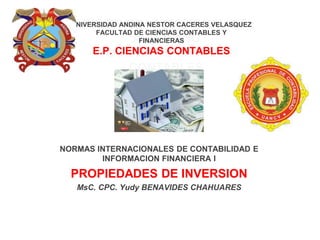 UNIVERSIDAD NACIONAL DEL
ALTIPLANO
FCCA-EP DE CIENCIAS
CONTABLES
2019-II
UNIVERSIDAD ANDINA NESTOR CACERES VELASQUEZ
FACULTAD DE CIENCIAS CONTABLES Y
FINANCIERAS
E.P. CIENCIAS CONTABLES
NORMAS INTERNACIONALES DE CONTABILIDAD E
INFORMACION FINANCIERA I
PROPIEDADES DE INVERSION
MsC. CPC. Yudy BENAVIDES CHAHUARES
 