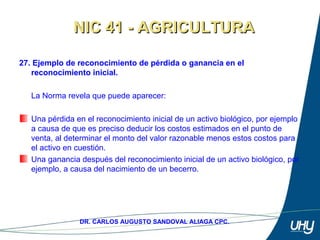 41
DR. CARLOS AUGUSTO SANDOVAL ALIAGA CPC.
27. Ejemplo de reconocimiento de pérdida o ganancia en el
reconocimiento inicial.
 
La Norma revela que puede aparecer: 
 
Una pérdida en el reconocimiento inicial de un activo biológico, por ejemplo 
a causa de que es preciso deducir los costos estimados en el punto de 
venta, al determinar el monto del valor razonable menos estos costos para 
el activo en cuestión. 
Una ganancia después del reconocimiento inicial de un activo biológico, por 
ejemplo, a causa del nacimiento de un becerro. 
NIC 41 - AGRICULTURANIC 41 - AGRICULTURA
 