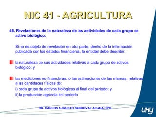60
DR. CARLOS AUGUSTO SANDOVAL ALIAGA CPC.
NIC 41 - AGRICULTURANIC 41 - AGRICULTURA
46. Revelaciones de la naturaleza de las actividades de cada grupo de
activo biológico.
 
Si no es objeto de revelación en otra parte, dentro de la información 
publicada con los estados financieros, la entidad debe describir: 
 
la naturaleza de sus actividades relativas a cada grupo de activos 
biológico; y 
las mediciones no financieras, o las estimaciones de las mismas, relativas 
a las cantidades físicas de: 
  i) cada grupo de activos biológicos al final del periodo; y 
ii) la producción agrícola del periodo
 