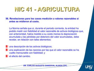 72
DR. CARLOS AUGUSTO SANDOVAL ALIAGA CPC.
NIC 41 - AGRICULTURANIC 41 - AGRICULTURA
56. Revelaciones para los casos medición a valores razonables si
antes se midieron al costo.
 
La Norma señala que si, durante el periodo corriente, la entidad ha 
podido medir con fiabilidad el valor razonable de activos biológicos que, 
con anterioridad, había medido a su costo menos la depreciación 
acumulada y las pérdidas por deterioro del valor acumuladas, debe 
revelar, en relación con tales elementos: 
 
una descripción de los activos biológicos; 
una explicación de las razones por las que el valor razonable se ha 
vuelto mensurable con fiabilidad; y 
el efecto del cambio. 
 
