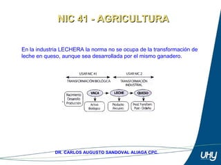 8
DR. CARLOS AUGUSTO SANDOVAL ALIAGA CPC.
En la industria LECHERA la norma no se ocupa de la transformación de 
leche en queso, aunque sea desarrollada por el mismo ganadero.
NIC 41 - AGRICULTURANIC 41 - AGRICULTURA
 