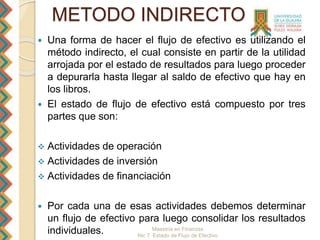 Maestría en Finanzas
Nic 7 Estado de Flujo de Efectivo
METODO INDIRECTO
 Una forma de hacer el flujo de efectivo es utilizando el
método indirecto, el cual consiste en partir de la utilidad
arrojada por el estado de resultados para luego proceder
a depurarla hasta llegar al saldo de efectivo que hay en
los libros.
 El estado de flujo de efectivo está compuesto por tres
partes que son:
 Actividades de operación
 Actividades de inversión
 Actividades de financiación
 Por cada una de esas actividades debemos determinar
un flujo de efectivo para luego consolidar los resultados
individuales.
 