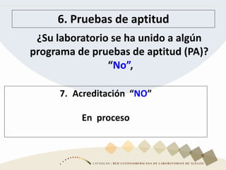 6. Pruebas de aptitud
¿Su laboratorio se ha unido a algún
programa de pruebas de aptitud (PA)?
“No”,
7. Acreditación “NO”
En proceso
 
