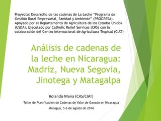 Análisis de cadenas de
la leche en Nicaragua:
Madriz, Nueva Segovia,
Jinotega y Matagalpa
Rolando Mena (CRS/CIAT)
Taller de Planificación de Cadenas de Valor de Ganado en Nicaragua
Managua, 5-6 de agosto de 2014
Proyecto: Desarrollo de las cadenas de La Leche “Programa de
Gestión Rural Empresarial, Sanidad y Ambiente” (PROGRESA).
Apoyado por el Departamento de Agricultura de los Estados Unidos
(USDA). Ejecutado por Catholic Relief Services (CRS) con la
colaboración del Centro Internacional de Agricultura Tropical (CIAT)
 