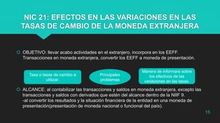 NIC 21: EFECTOS EN LAS VARIACIONES EN LAS
TASAS DE CAMBIO DE LA MONEDA EXTRANJERA
 OBJETIVO: llevar acabo actividades en el extranjero, incorpora en los EEFF.
Transacciones en moneda extranjera, convertir los EEFF a moneda de presentación.
 ALCANCE: al contabilizar las transacciones y saldos en moneda extranjera, excepto las
transacciones y saldos con derivados que estén del alcance dentro de la NIIF 9.
-al convertir los resultados y la situación financiera de la entidad en una moneda de
presentación(presentación de moneda nacional o funcional del país).
Principales
problemas
Manera de informara sobre
los efectivos de las
variaciones en las tasas.
Tasa o tasas de cambio a
utilizar.
15
 