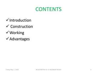 CONTENTS
Introduction
 Construction
Working
Advantages
3NICAD BATTER-Dr. K. RAJENDER REDDYFriday, May 1, 2020
 