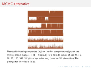 MCMC alternative
Metropolis–Hastings sequences (αt ) on the ﬁrst component weight for the
mixture model αN(µ, 1) + (1 − α)N(0, 1) for a N(0, 1) sample of size N = 5,
10, 50, 100, 500, 103
(from top to bottom) based on 105
simulations.The
y-range for all series is (0, 1).
 