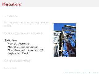 Illustrations
Introduction
Testing problems as estimating mixture
models
Computational mixture estimation
Illustrations
Poisson/Geometric
Normal-normal comparison
Normal-normal comparison #2
Logistic vs. Probit
Asymptotic consistency
Conclusion
 