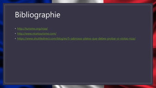 Bibliographie
• http://turismo.org/niza/
• http://www.nicetourisme.com/
• https://www.shuttledirect.com/blog/es/5-sabrosos-platos-que-debes-probar-si-visitas-niza/
 