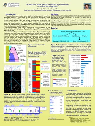 Introduction:
Tissue specific gene expression can be regulated by tissue specific promoters,
enhancers, silencers, transcription factors, differential methylation, tissue
specific alternative splicing, as well as other transcriptional and post-
transcriptional factors. There are multiple methods used for studying the
regulatory elements, however, they are useful in cases where some information
about the promoters active in a given tissue is available. This information is
lacking for the regulation of gene expression in the tissues maturing after the
tooth development is complete is unclear.
Periodontal ligament tissue (PDL) is essential for structural support of the
teeth (attaches root to the bone) (Figure 1) while gingiva offers protection from
external factors.
Expression profiling data of the primary cell cultures of periodontal ligament
tissue and outer gum tissue (gingiva) was performed using Affymetrix HU133A
arrays. The analysis has identified 292 genes differentially regulated in these
tissues. This set of genes was then subjected to promoter analysis to identify
the CpG islands and promoter binding sites. We have used a number of
bioinformatic tools, such as Promoter-Express, PAINT, MScan, Clover, CpGProD,
and CpG plot to generate an overview of the promoters of the differentially
regulated genes. As a result we identified signature promoter features of these
differentially expressed genes.
Conclusions:
The CpG island analysis has identified a
number of genes with potential methylation
sites, these will be investigated further in
the current global scan using the biopsies of
the two tissues. It will be important to
confirm experimentally if these genes are
methylated in the tissues.
The identification of potential
transcription factors (TFs) involved in the
regulation of gene expression has indicated
that Elk-1 is a potential but not only
regulator of expression in the ligament. It
was clear from CLOVER analysis that there
are multiple sites for many TFs and this
information can now be used for
experimental analysis of the promoters.
Results:
Figure 3. Bar graph
of Gene Ontology
(GO) analysis using
DAVID software.
The two sets of
differentially regulated
genes were categorised in
Gene Ontology biological
process with DAVID
software.
Those processes with
P<0.05 are displayed in the
graph for the set of genes
up and down in human
periodontal ligament in
comparison to gingiva .
Methods:
CpGProD was employed to predict the presence of CpG islands associated with the promoter regions of each of
the genes . The region 2000 bp upstream from the transcription start site of each gene was first masked using
Repeat masker and then processed by CpGProd (Fig. 2). The fasta format of the regulatory regions was
extracted using PAINT program .
The functional groups were identified using DAVID software. The genelists of differentially expressed genes
consisting of Affymetrix probe ids were uploaded to the program to determine the biological processes they
might be involved in (Fig.3) with a p-value cut-off at 0.05.
Over expressed transcription factor binding site clusters were predicted by PAINT (Fig. 4) and CLOVER (Table
2, Fig 5 & 6) programs. Over represented clusters were predicted within the sequence 2000 base pairs upstream
from the transcription start site of each of the differentially regulated genes (P< 0.05). A comparison of
identified over expressed cluster (Elk-1) in genes up in periodontal was performed by the MSCAN software
(Table 1) using JASPAR Elk-1 position frequency matrices.
Figure 2. Computational prediction of the presence of CpG
islands using CpGProD. The the presence, location and size of CpG islands
within the region 2000 base pairs upstream from the transcription start site of
each of the genes was predicted using CpGProD. The same analysis has been
performed using CpG plot and the results were consistent across 80% of the
CpG islands identified.
Gene Name Predicted Elk-1 Cluster
PAINT MSCAN
CYP51A1    
EGR1    
HSPE1    
KPNB1    
MAGOH    
MET    
PAWR    
PLCB4    
PPP1CB    
RNF5    
SNRPD1    
SNRPG    
TAF11    
TDG    
GLG1    
SIP1    
FUBP3    
ADAMTS1    
KIAA0152    
COX17    
CDC42EP3    
PDLIM5    
PAPOLA    
EBNA1BP2    
U2AF2    
DHRS7B    
C14orf109    
LSM3    
TPRKB    
C14orf111    
MRPL35    
LSM8    
ENAH    
C13orf10    
YRDC    
ZNF587    
Figure 4. PAINT transcription factor binding site cluster
analysis of genes up-regulated in ligament. PAINT was employed to
predict transcription factor binding site clusters within the 2000 bp upstream of
transcription start site of genes down- and up-regulated in ligament. The same
analysis was also performed using various GO groupings from DAVID analysis to
identify if any of the biological processes are associated with particular sets of
TF binding sites.
Table 1. Comparision of PAINT
and MSCAN prediction for the
presence of ELK-1 transcription
factor binding sites.
Acknowledgments:
This work was supported by UQ Early Career Grant.
Elk-1
Legends:
Enamel
Gingival
epithelium
Gingiva
Cementum
Alveolar
bone
Periodontal
ligament
Root of
the tooth
References:
ALKEMA, W. B. et al (2004) Nucleic Acids Res, 32, W195 -8.
DENNIS, G., JR., et al (2003) Genome Biol, 4, P3.
PONGER, L. & MOUCHIROUD, D. (2002) Bioinformatics, 18 , 631-3.
VADIGEPALLI, R., et al (2003) Omics, 7, 235 -52.
FU, Y., et al (2004) Nucleic Acids Res, 32, W420 -3.
Total differentially expressed genes - 292
Genes with CpG islands – 121
Up in Ligament – 112 genesDown in Ligament – 180 genes
Genes with CpG islands – 70
GObiologicalprocessterms
Number of Genes
Prediction of Elk-1
Transcription factor
binding site clusters
in gene by both
PAINT and MSCAN
Prediction of Elk-1
Transcription factor
binding site clusters
in gene by PAINT only
Prediction of Elk-1
Transcription factor
binding site clusters
in gene by MSCAN
only
Biological processes of
genes up in periodontal
ligament
Biological processes of
genes down in
periodontal ligament
Table 2. CLOVER analysis
of promoters of genes
up-regulated in ligament
Transcription factor P-value
Broad complex 0
SRY 0.001
AP2 alpha 0.001
FREAC-7 0.002
ELK-1 0.002
DOF-3 0.003
UBX 0.006
bZIP911 0.006
PAX4 0.008
HMG-IV 0.01
HFH-1 0.01
Figure 5. ELK-1 and other TF sites in the 2000bp
upstream of the LSM3 gene. Analysis was performed using
CLOVER software. Only the TFs with p-value<0.05 are indicated.
In search of tissue specific regulators in periodontium
- a bioinformatic approach.
Agnieszka M. Lichanska and Nguyen Pham
Department of Oral Biology and Pathology, University of Queensland, St Lucia, Australia.
Figure 1. Structure of the
periodontium
Elk-1HMG-IV bZIP911
Elk-1
Elk-1 HMG-IV HMG-IV
SRY
PAX4
DOF3 AP2 alpha
Broad-
complex
1 2000
 