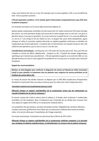 valeur seuil retenue (O, 5sec ou 1 sec). Par exemple, pour la veine poplitée, le DC a une sensibilité de
0,50. D’où la question suivante :
L’ED pré-opératoire améliore- t-il le résultat après l’intervention comparativement à pas d’ED chez
le patient variqueux ?
Les résultats sont basés sur les items déjà mentionnés (tableau II). .
Quatre études randomisées contrôlées ont été revues (10-13) toutes concernant l’ED avant chirurgie
des varices. Les trois premières études sont issues de la même équipe avec un suivi de 7 ans pour la
dernière versus 2 ans pour la première. En ce qui concerne la qualité de vie il n’y a pas de différence
à 2 ans et à 7 ans lorsqu’un ED est réalisé ou non. La plupart des autre items (symptômes, signes
cliniques et reflux à la jonction saphéno-fémorale ou saphèno-poplitée) confirment un bénéfice de
l’exploration par ED pré-opératoire. L’incidence des ré-interventions est mojndre lorsqu’un ED a été
réalisé en pré-opératoire, que ce soit à 2 ans ou 7 ans de suivi.
Considérations économiques : Au Royaume Uni, l’ED coûte 28 ₤ de plus que le DC. Pour que l’ED soit
rentable en termes de QALYs additionnelle, comparé au DC, il faudrait des études diagnostiques
spécifiques qui n’existent pas actuellement. L’ED pré-opératoire apporte un surcoût de 128₤ sur une
période de deux ans mais le coût rapporté à la qualité de vie n’est pas pris en compte, donc sérieuses
limitations.
Rappel des recommandations
Réaliser un écho-Doppler pour confirmer le diagnostic de varices et l’étendu du reflux tronculaire
(axial) et pour planifier le traitement chez les patients avec suspicion de varices primitives ou de
récidives de varices (Reco 16).
Le niveau de preuve des études retenues ne dépasse pas le TRES BAS compte-tenu d’importantes
limitations en particulier liées aux valeurs retenues pour les reflux (voir notre analyse plus loin).
TRAITEMENT CONSERVATEUR (COMPRESSION MEDICALE ) (CM)
Efficacité clinique et rapport coût/bénéfice de la compression versus pas de compression ou
conseils d’hygiène de vie chez le variqueux ?
En tenant compte des critères retenus dans le tableau II, 8 études dont seulement 3 randomisées
contrôlées ont été analysées. Nous n’analyserons pas l’ensemble de ces études bien connues chez
nous depuis le rapport de la HAS sur la compression médicale (2011).
Les symptômes tels que douleur, sensation de jambes lourdes, fatigabilité des membres inférieurs,
crampes nocturnes, gonflements sont réduits par la compression médicale dans toutes les études
citées. Il en est de même pour l’insatisfaction de l’image corporelle.
Sur le plan économique l’estimation du coût annuel de la CM est de 107 à 234 ₤.
Efficacité clinique et rapport coût/bénéfice de la compression médicale comparée à a) chirurgie
avec stripping, b) ablation endothermique, c) sclérothérapie à la mousse chez le patient variqueux,
 