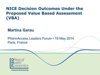 NICE Decision Outcomes Under the
Proposed Value Based Assessment
(VBA)
Martina Garau
PharmAccess Leaders Forum • 19 May 2014
Paris, France
 