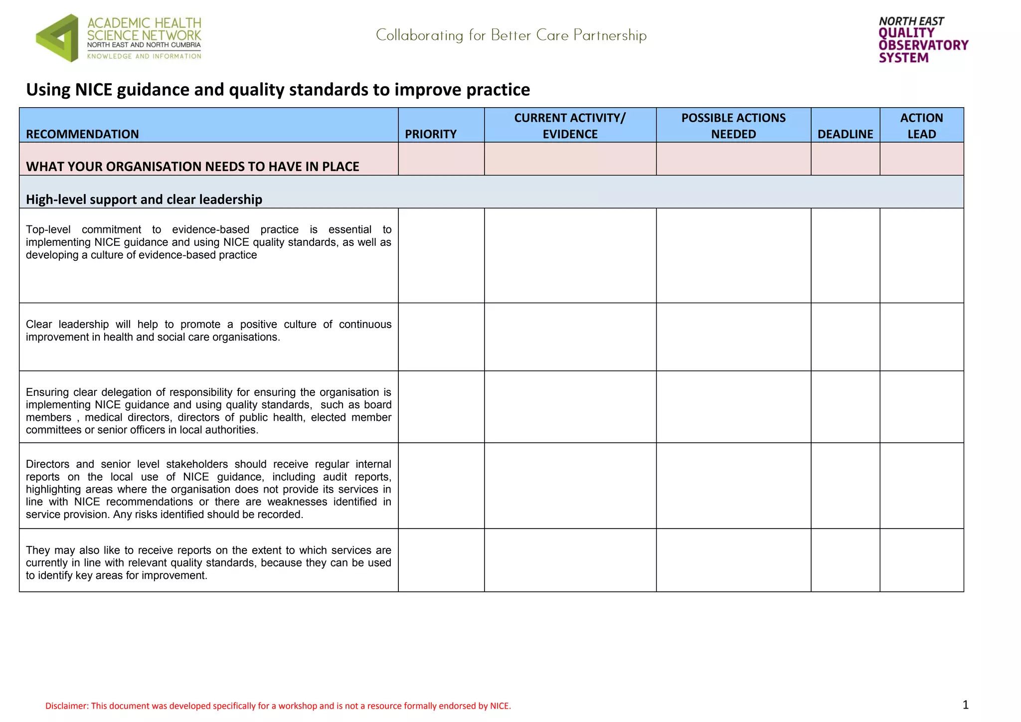 Disclaimer: This document was developed specifically for a workshop and is not a resource formally endorsed by NICE. 1 
Using NICE guidance and quality standards to improve practice RECOMMENDATION PRIORITY CURRENT ACTIVITY/ EVIDENCE POSSIBLE ACTIONS NEEDED DEADLINE ACTION LEAD WHAT YOUR ORGANISATION NEEDS TO HAVE IN PLACE High-level support and clear leadership 
Top-level commitment to evidence-based practice is essential to implementing NICE guidance and using NICE quality standards, as well as developing a culture of evidence-based practice 
Clear leadership will help to promote a positive culture of continuous improvement in health and social care organisations. 
Ensuring clear delegation of responsibility for ensuring the organisation is implementing NICE guidance and using quality standards, such as board members , medical directors, directors of public health, elected member committees or senior officers in local authorities. 
Directors and senior level stakeholders should receive regular internal reports on the local use of NICE guidance, including audit reports, highlighting areas where the organisation does not provide its services in line with NICE recommendations or there are weaknesses identified in service provision. Any risks identified should be recorded. 
They may also like to receive reports on the extent to which services are currently in line with relevant quality standards, because they can be used to identify key areas for improvement. 
 