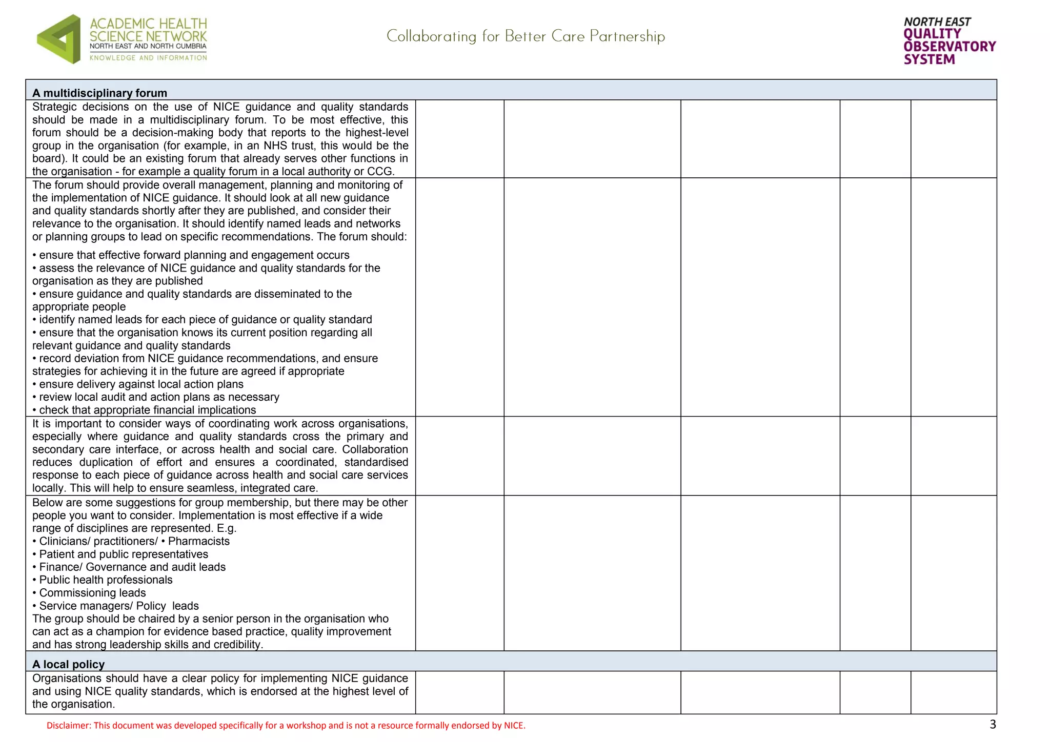 Disclaimer: This document was developed specifically for a workshop and is not a resource formally endorsed by NICE. 3 
A multidisciplinary forum 
Strategic decisions on the use of NICE guidance and quality standards should be made in a multidisciplinary forum. To be most effective, this forum should be a decision-making body that reports to the highest-level group in the organisation (for example, in an NHS trust, this would be the board). It could be an existing forum that already serves other functions in the organisation - for example a quality forum in a local authority or CCG. 
The forum should provide overall management, planning and monitoring of the implementation of NICE guidance. It should look at all new guidance and quality standards shortly after they are published, and consider their relevance to the organisation. It should identify named leads and networks or planning groups to lead on specific recommendations. The forum should: • ensure that effective forward planning and engagement occurs • assess the relevance of NICE guidance and quality standards for the organisation as they are published • ensure guidance and quality standards are disseminated to the appropriate people • identify named leads for each piece of guidance or quality standard • ensure that the organisation knows its current position regarding all relevant guidance and quality standards • record deviation from NICE guidance recommendations, and ensure strategies for achieving it in the future are agreed if appropriate • ensure delivery against local action plans • review local audit and action plans as necessary • check that appropriate financial implications 
It is important to consider ways of coordinating work across organisations, especially where guidance and quality standards cross the primary and secondary care interface, or across health and social care. Collaboration reduces duplication of effort and ensures a coordinated, standardised response to each piece of guidance across health and social care services locally. This will help to ensure seamless, integrated care. Below are some suggestions for group membership, but there may be other people you want to consider. Implementation is most effective if a wide range of disciplines are represented. E.g. • Clinicians/ practitioners/ • Pharmacists • Patient and public representatives • Finance/ Governance and audit leads • Public health professionals • Commissioning leads • Service managers/ Policy leads The group should be chaired by a senior person in the organisation who can act as a champion for evidence based practice, quality improvement and has strong leadership skills and credibility. A local policy 
Organisations should have a clear policy for implementing NICE guidance and using NICE quality standards, which is endorsed at the highest level of the organisation. 
 