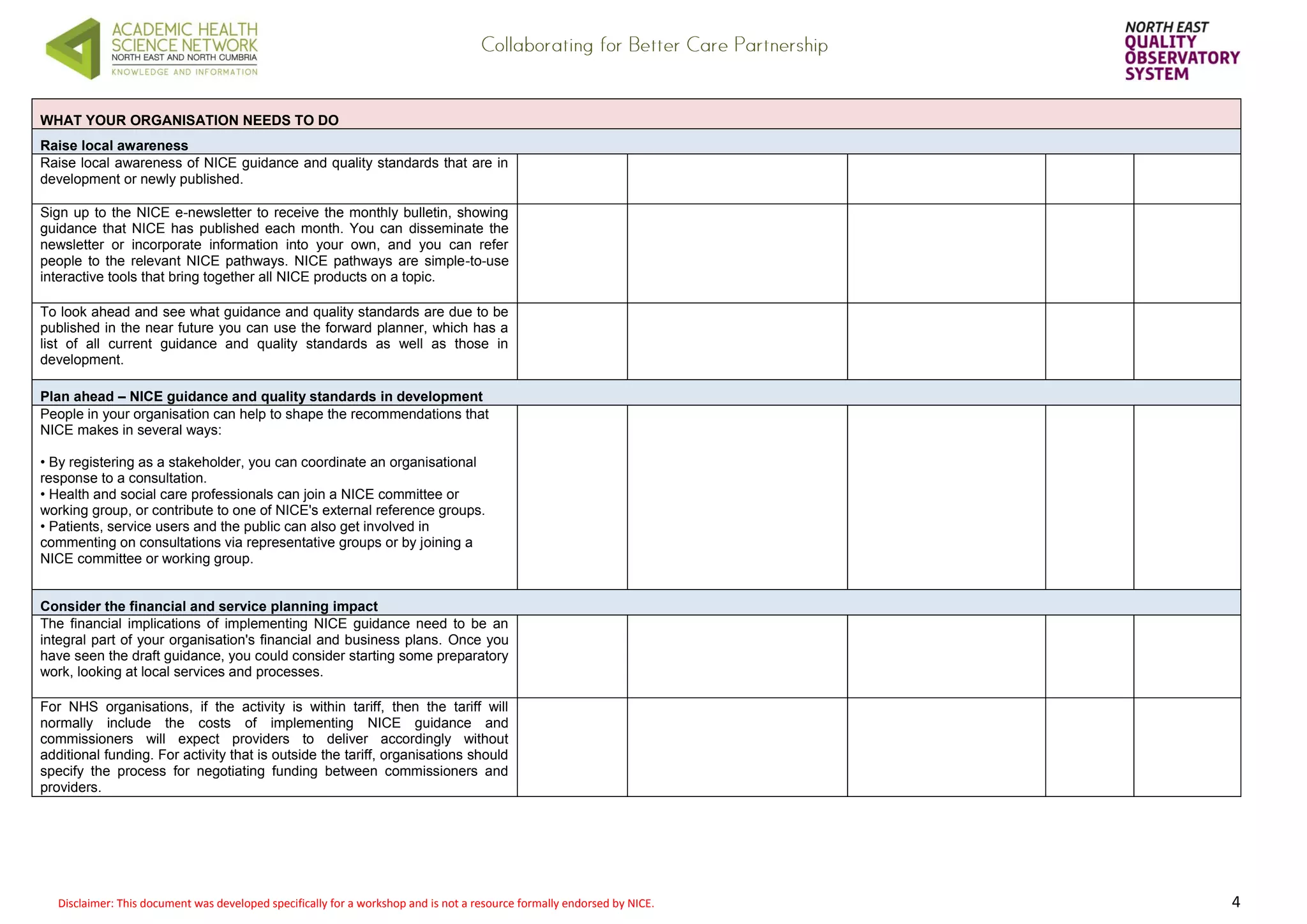 Disclaimer: This document was developed specifically for a workshop and is not a resource formally endorsed by NICE. 4 
WHAT YOUR ORGANISATION NEEDS TO DO Raise local awareness 
Raise local awareness of NICE guidance and quality standards that are in development or newly published. 
Sign up to the NICE e-newsletter to receive the monthly bulletin, showing guidance that NICE has published each month. You can disseminate the newsletter or incorporate information into your own, and you can refer people to the relevant NICE pathways. NICE pathways are simple-to-use interactive tools that bring together all NICE products on a topic. 
To look ahead and see what guidance and quality standards are due to be published in the near future you can use the forward planner, which has a list of all current guidance and quality standards as well as those in development. 
Plan ahead – NICE guidance and quality standards in development 
People in your organisation can help to shape the recommendations that NICE makes in several ways: • By registering as a stakeholder, you can coordinate an organisational response to a consultation. • Health and social care professionals can join a NICE committee or working group, or contribute to one of NICE's external reference groups. • Patients, service users and the public can also get involved in commenting on consultations via representative groups or by joining a NICE committee or working group. 
Consider the financial and service planning impact The financial implications of implementing NICE guidance need to be an integral part of your organisation's financial and business plans. Once you have seen the draft guidance, you could consider starting some preparatory work, looking at local services and processes. For NHS organisations, if the activity is within tariff, then the tariff will normally include the costs of implementing NICE guidance and commissioners will expect providers to deliver accordingly without additional funding. For activity that is outside the tariff, organisations should specify the process for negotiating funding between commissioners and providers. 
 