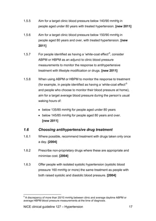 1.5.5

Aim for a target clinic blood pressure below 140/90 mmHg in
people aged under 80 years with treated hypertension. [new 2011]

1.5.6

Aim for a target clinic blood pressure below 150/90 mmHg in
people aged 80 years and over, with treated hypertension. [new
2011]

1.5.7

For people identified as having a ‘white-coat effect’5, consider
ABPM or HBPM as an adjunct to clinic blood pressure
measurements to monitor the response to antihypertensive
treatment with lifestyle modification or drugs. [new 2011]

1.5.8

When using ABPM or HBPM to monitor the response to treatment
(for example, in people identified as having a ‘white-coat effect’5
and people who choose to monitor their blood pressure at home),
aim for a target average blood pressure during the person’s usual
waking hours of:
below 135/85 mmHg for people aged under 80 years
below 145/85 mmHg for people aged 80 years and over.
[new 2011]

1.6

Choosing antihypertensive drug treatment

1.6.1

Where possible, recommend treatment with drugs taken only once
a day. [2004]

1.6.2

Prescribe non-proprietary drugs where these are appropriate and
minimise cost. [2004]

1.6.3

Offer people with isolated systolic hypertension (systolic blood
pressure 160 mmHg or more) the same treatment as people with
both raised systolic and diastolic blood pressure. [2004]

5

A discrepancy of more than 20/10 mmHg between clinic and average daytime ABPM or
average HBPM blood pressure measurements at the time of diagnosis.

NICE clinical guideline 127 – Hypertension

17

 