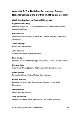 Appendix A: The Guideline Development Groups,
National Collaborating Centres and NICE project team
Guideline Development Group (2011 update)
Bryan Williams (Chair)
Professor of Medicine, University of Leicester and University Hospitals of
Leicester NHS Trust
Helen Williams
Consultant Pharmacist for Cardiovascular Disease, Southwark Health and
Social Care
Jane Northedge
Patient and carer member
John Crimmins
General Practitioner, Vale of Glamorgan
Mark Caulfield
Professor of Clinical Pharmacology, Barts and the London School of Medicine
Michaela Watts
Hypertension Nurse Specialist, Addenbrooke’s Hospital, Cambridge
Naomi Stetson
Primary Care Nurse, Watling Medical Centre, London
Richard McManus
Professor of Primary Care Cardiovascular Research, University of
Birmingham
Shelley Mason
Patient and carer member
Terry McCormack
General Practitioner, Spring Vale Medical Centre, North Yorkshire

NICE clinical guideline 127 – Hypertension

28

 