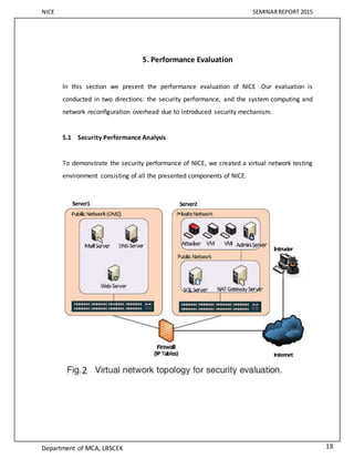 NICE SEMINARREPORT 2015
Department of MCA, LBSCEK 18
5. Performance Evaluation
In this section we present the performance evaluation of NICE .Our evaluation is
conducted in two directions: the security performance, and the system computing and
network reconﬁguration overhead due to introduced security mechanism.
5.1 Security Performance Analysis
To demonstrate the security performance of NICE, we created a virtual network testing
environment consisting of all the presented components of NICE.
 